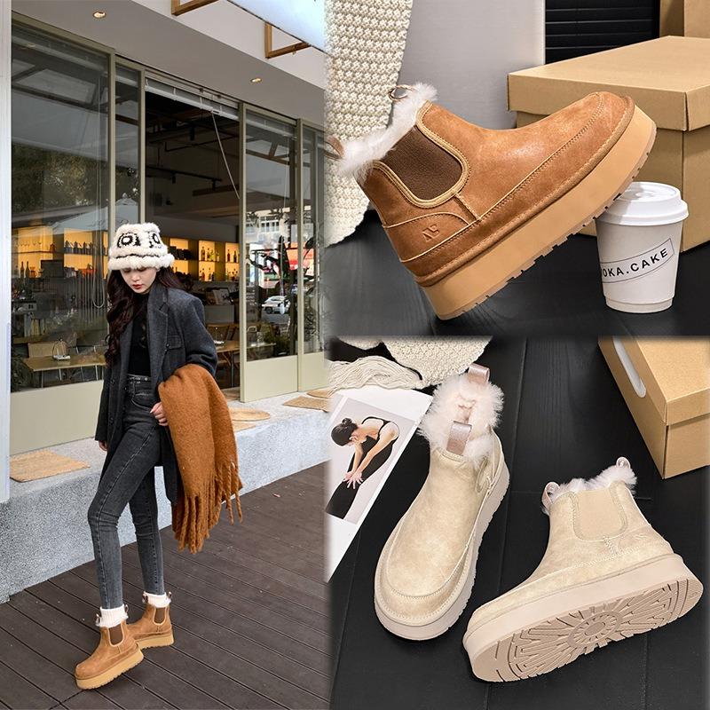 High-end leather real hair snow boots for women, winter casual versatile thick-soled velvet thermal cigarette boots