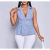 Women's new striped sleeveless blue shirt summer tie-waist tank top