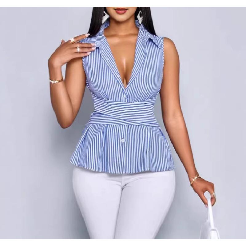 Women's new striped sleeveless blue shirt summer tie-waist tank top