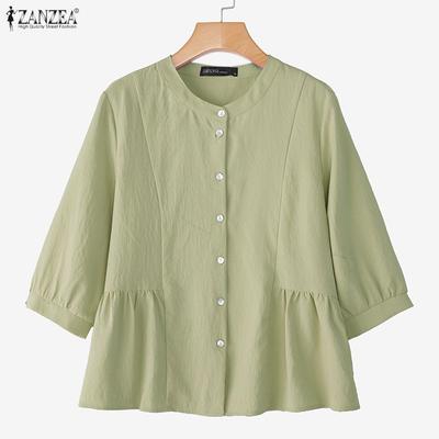 Women Casual Round Neck 3/4 Sleeve Loose Cotton Blouse