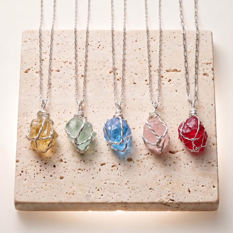 Collar de Cristal Crudo Impermeable de Acero Inoxidable 316L, Colgante de Piedra Preciosa Envuelto en Alambre Libre de Manchas, Joyería Diaria Estética Boho para Mujeres