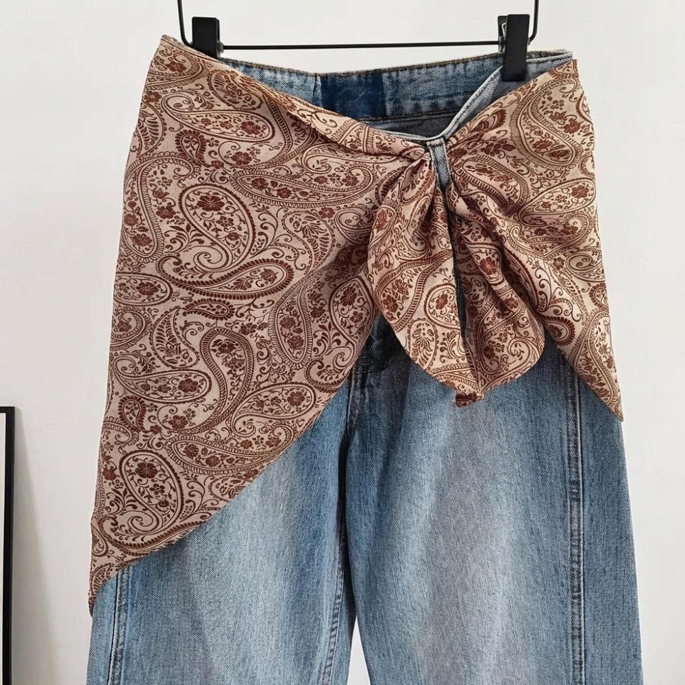 Imitation Silk Women's Silk Scarf Cashew Floral Ruched Skirts Triangle Scarf Belt  Jeans Decoration