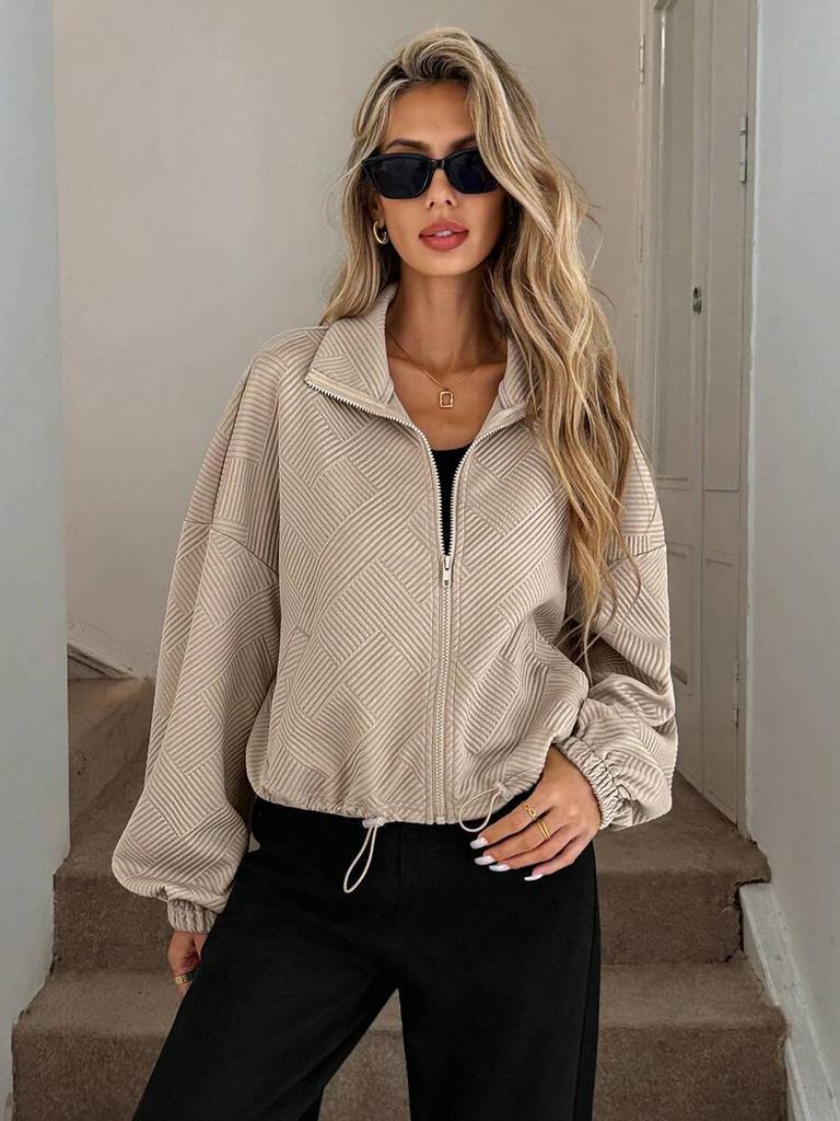 Fall Winter High Neck Zipper Drawstring Pocket Women Loose Baseball Jacket Coat