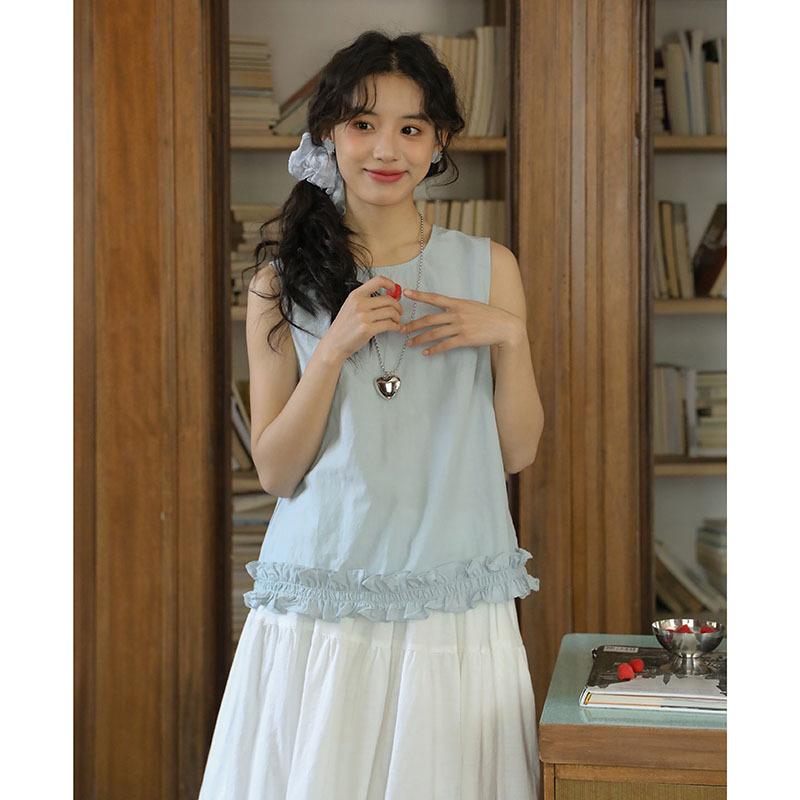 

Summer literary and sweet Xiaoqing sleeveless lace shirt top female tide L