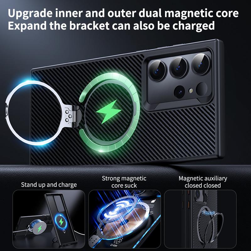 Carbon Fiber Texture Bracket Case for Samsung Galaxy S24 S23 Plus Ultra for Magsafe Wireless Charging Magnetic Ring Holder Cover