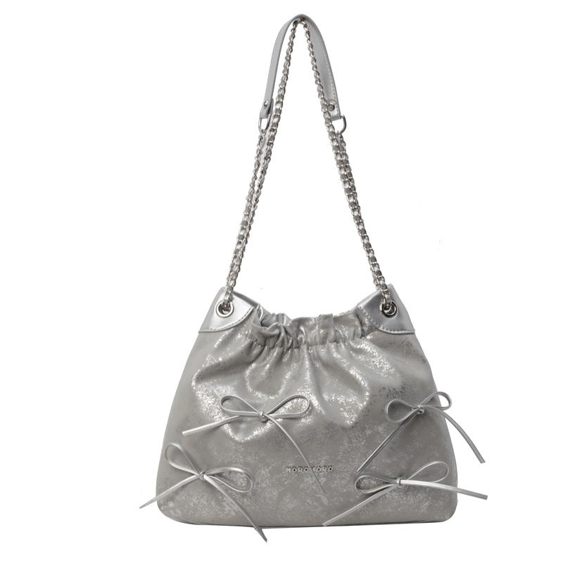 

Pleated Tote Bag Bow Chains Bag Women s Shoulder Bag Underarm Bag срібний