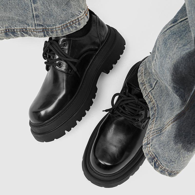 British style platform derby shoes, new black round head lace-up commuting height-increasing big head casual leather shoes