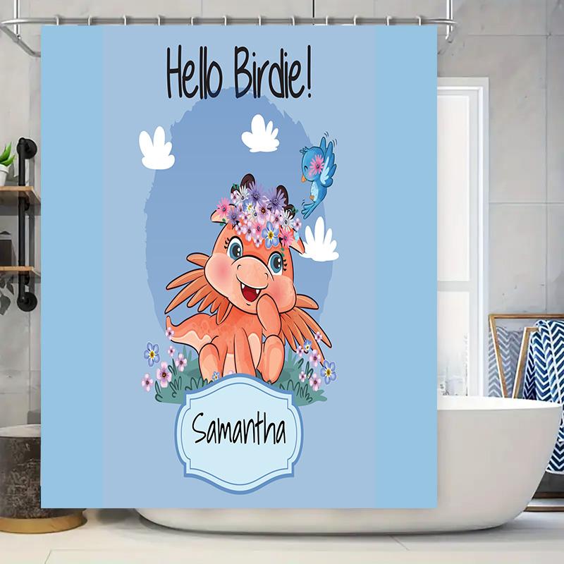 

Blue Shower Curtain With Cartoon Animal Design Customizable Name Decor For Bathroom Hello Birdie Decoration Gift Id W60H190(CM)-1 Pcs
