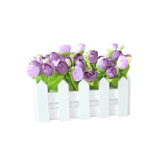 1 Set White Wooden Fence Artificial Flower Floral Holder Home Garden Decor