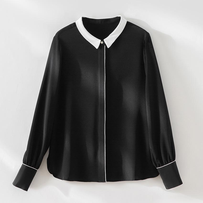 Women's 22 Momme Silk Color Block Shirt - Long Sleeve, Single-Breasted, Loose Fit, Slimming, New Spring/Summer 26 Arrivals.