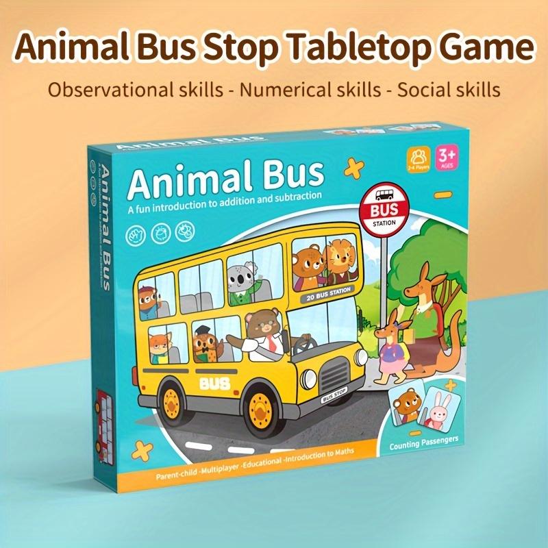 Tierische Bushaltestellen-Spiel, Additions- und Subtraktionszahlen-Spieler-Mathespiele, Vorschulspiele Autospielzeug für 3+, Fahrgäste im Busspiel abholen und absetzen