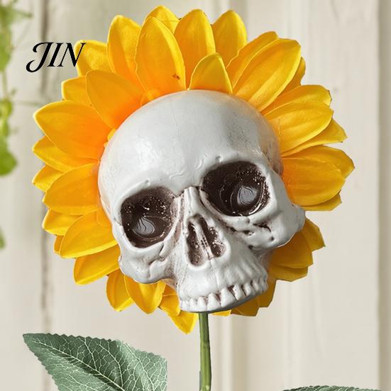 Halloween Lawn Decoration Sunflower Skull Ornament, Theme Garden Decor, Potted Skeleton Flower Pot Plant Waterproof Outdoor Decoration, for Patio Yard