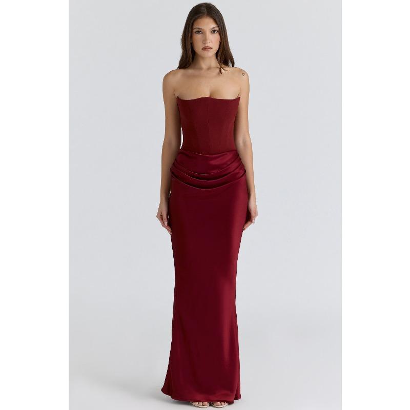 

New Multi-color Waist Tube Top One-word Shoulder Fishbone Pleated Long Hip-wrapped One-piece Dress Satin L бордовий