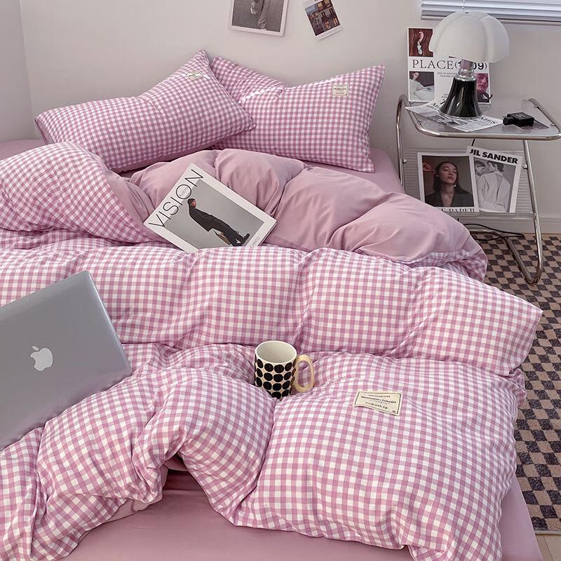 Японский клетчатый стираный хлопковый комплект постельного белья из 4 предметов