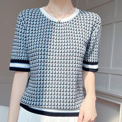 Pure Cotton Knitted Short-sleeved Women's Summer New Fashionable and Versatile Small Plaid T-shirt Comfortable Base Shirt Top