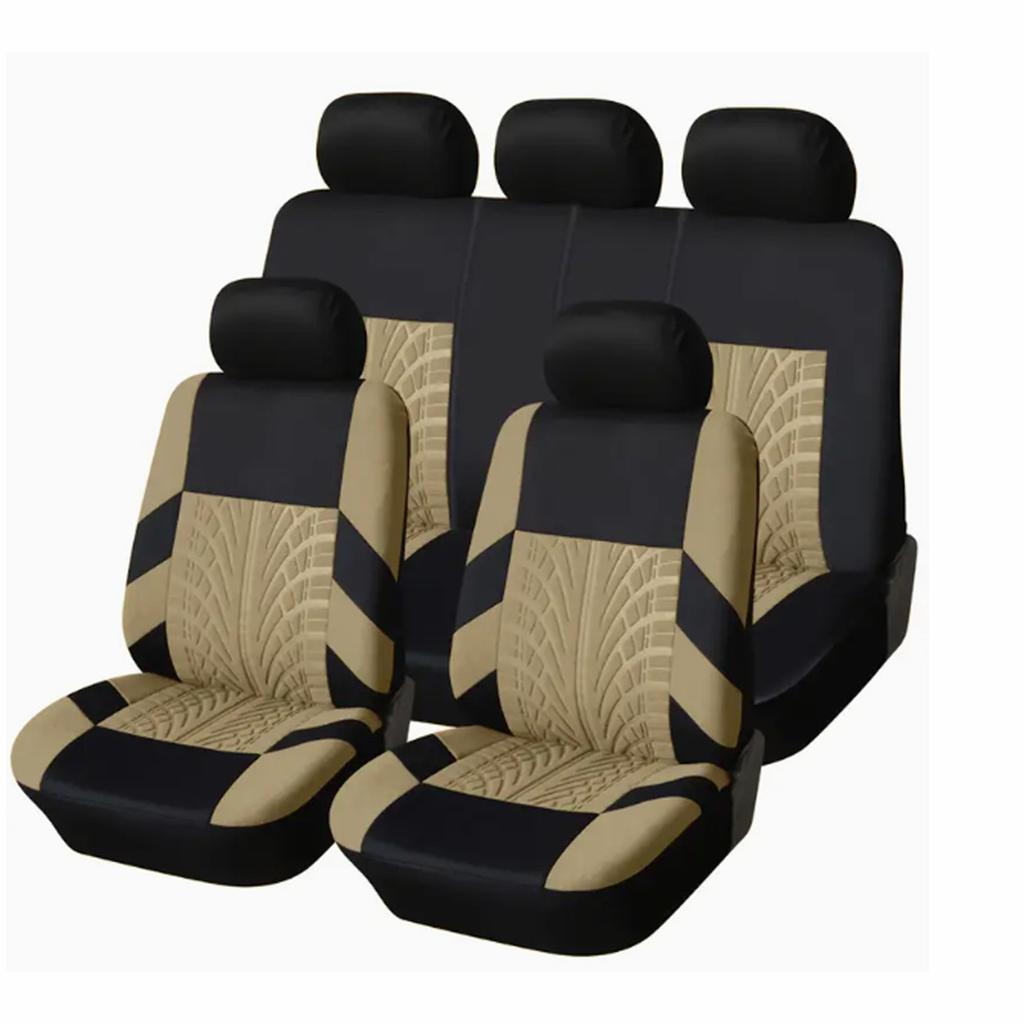 9 Piece Tire Tread Pattern Knitted Fabric Car Seat Covers Full Set Front Rear Seats Headrest Protection Durable Fit
