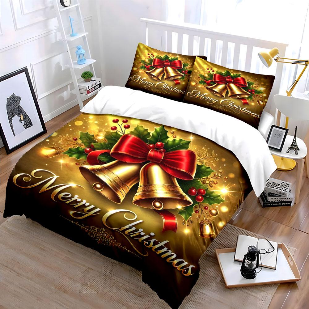 Golden Bells Merry Christmas Bedding Duvet Cover Set Duvet Cover Pillowcases (1*Duvet Cover 2*Pillowcases, Without Duvet Insert)