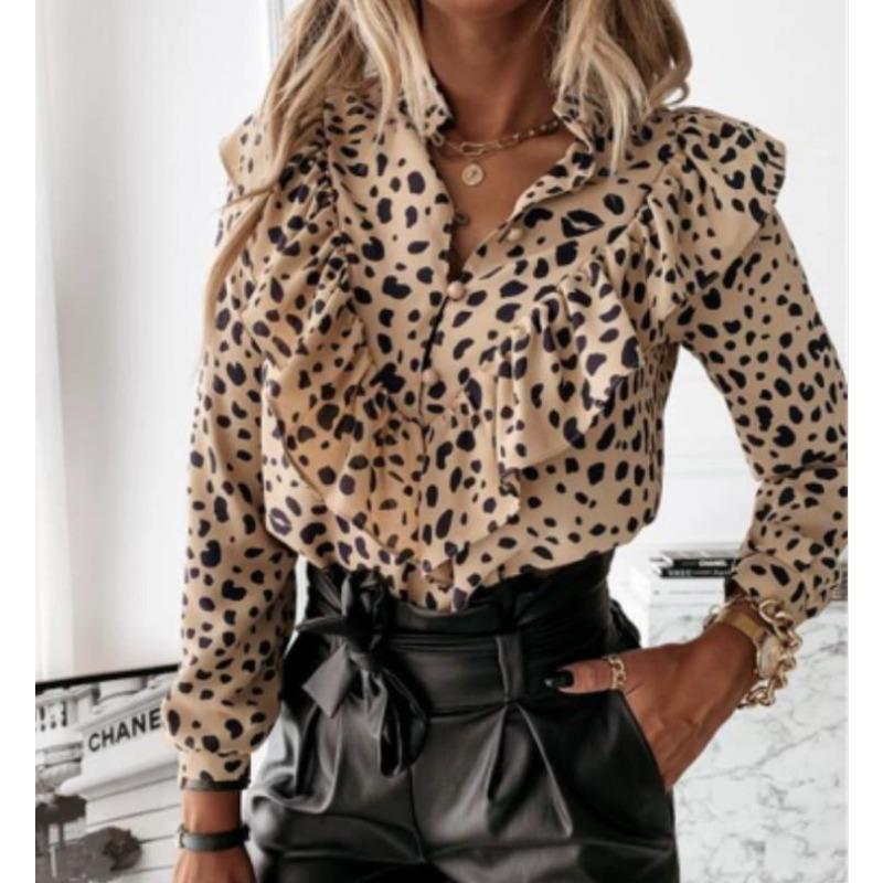 Spring and Autumn Women's Pullover Polo Solid Dot Contrast Ruffle Button Shirring Lantern Long Sleeve T-shirt Underlay Tops