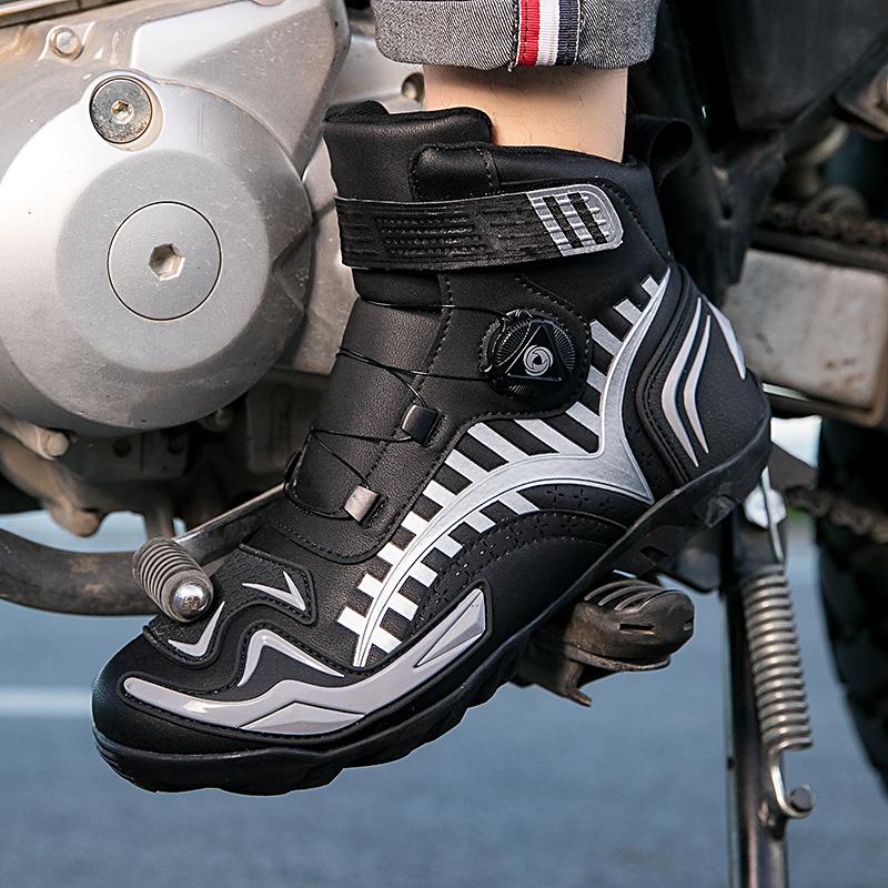 Unisex Leather Motorcycle Boots Large Size Rotation Button Anti -slip Anti -collision Competition Riding Shoes