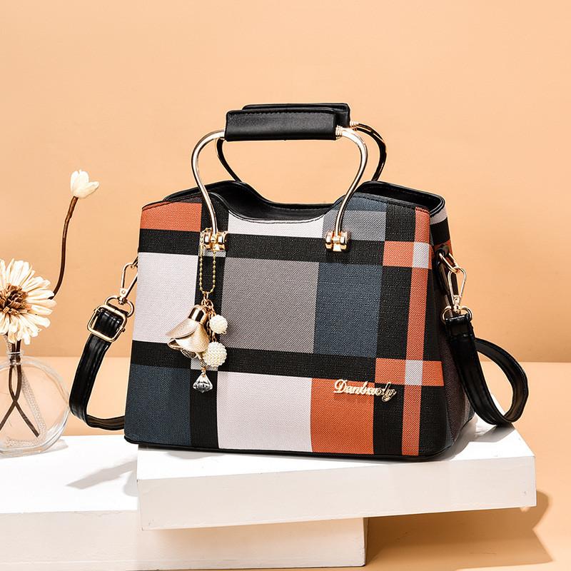 Trendy Women s Tote Bag 2023 Summer New Contrast Color Grid Pattern Shoulder Bag Blue Black