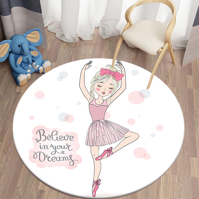 Decorative Round Carpet Cartoon Ballet Girls Print Area Rugs Bedroom Carpet Floor Mat Anti-slip Children's Rugs Mat for Children