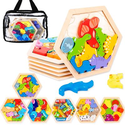 PALTIA Holzpuzzle-Set mit 6 Teilen zur Reinigung, Aufbewahrungstasche und ineinandergreifendes Lernspielzeug für Jungen und Mädchen [Fun Up! Enthalten] Tiere, Früchte, Autos, Spielzeug,
