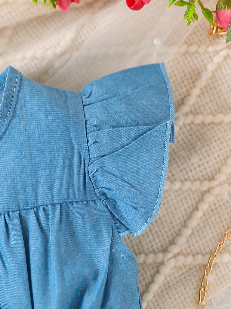 Girls Summer Denim Patchwork Dress Sleeveless Cartoon Bow Cute Outfit for 4-7 Years Old Baby