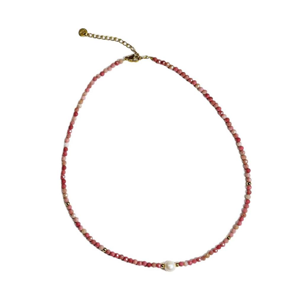 French Red Rhodonite Crystal Necklace - Versatile Layered Clavicle Chain In Titanium Steel