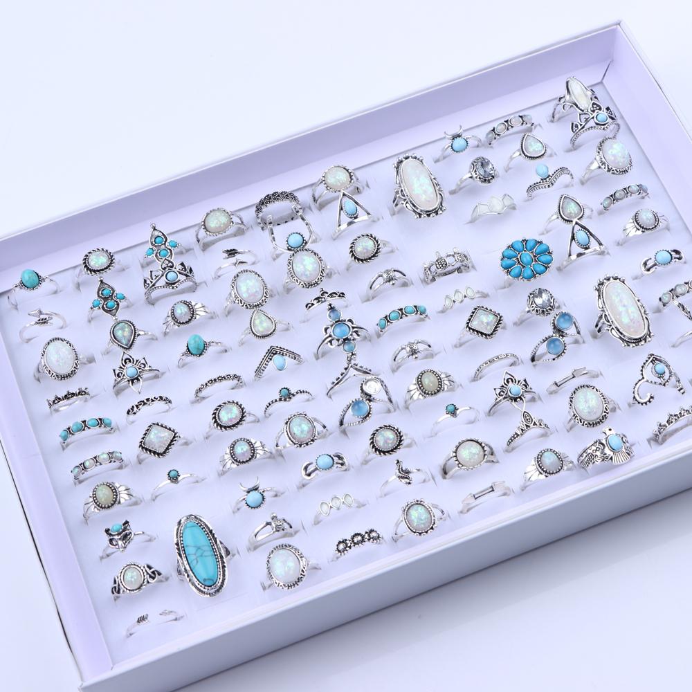 20/30Pcs/Lot Vintage Boho Glass Turquoise Rings Fashion Women Vacation Style Daily Festival Jewelry Party Decoration Gifts
