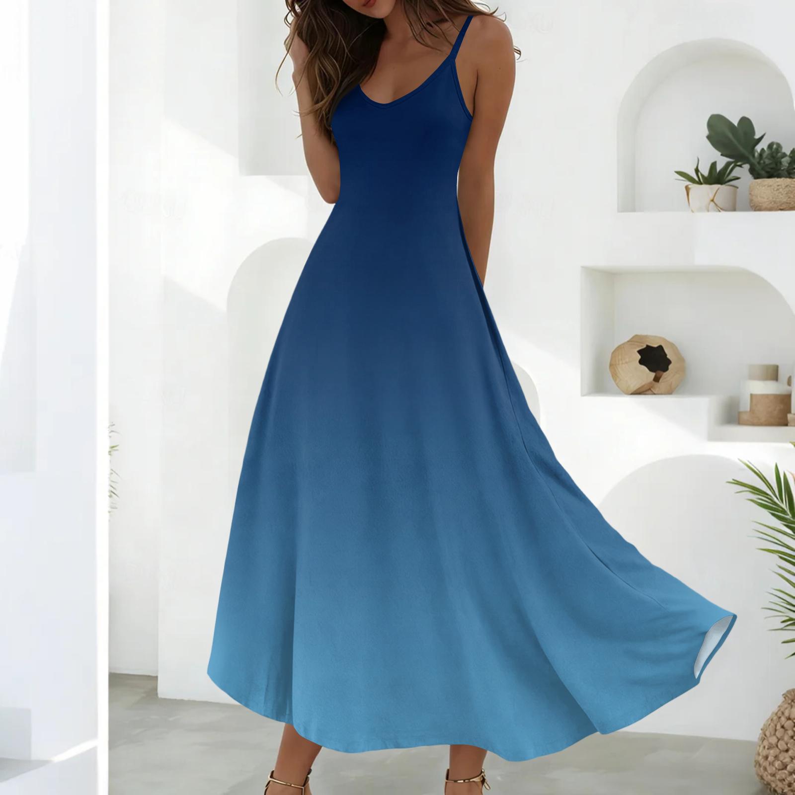 

Летние платья для женщин Платья Длинные Легкие А-силуэта Без рукавов Сарафаны С карманами XL тёмно-синий