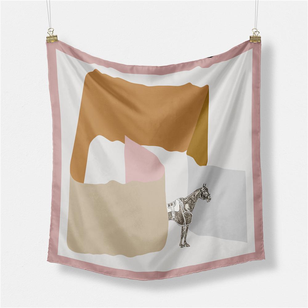 Twill Silk Scarf Woman Geometric Painting Square Scarves Wraps Bandana Small Hijab Silk Foulards Tie Headband Neckerchief 53CM