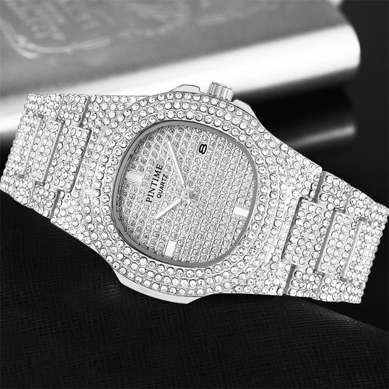 Luxury Quartz Watch For Men Automatic Date Hip Hop Full Iced Diamond Clock Fashion Watch Men Waterproof Square WristWatch