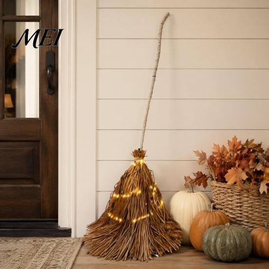 Decorative Broom for Covered Entryway 5.5 Ft Giant Light-up Witch Broom, Vintage Twig with String Light, Creepy Costume Accessory Rustic Farmhouse