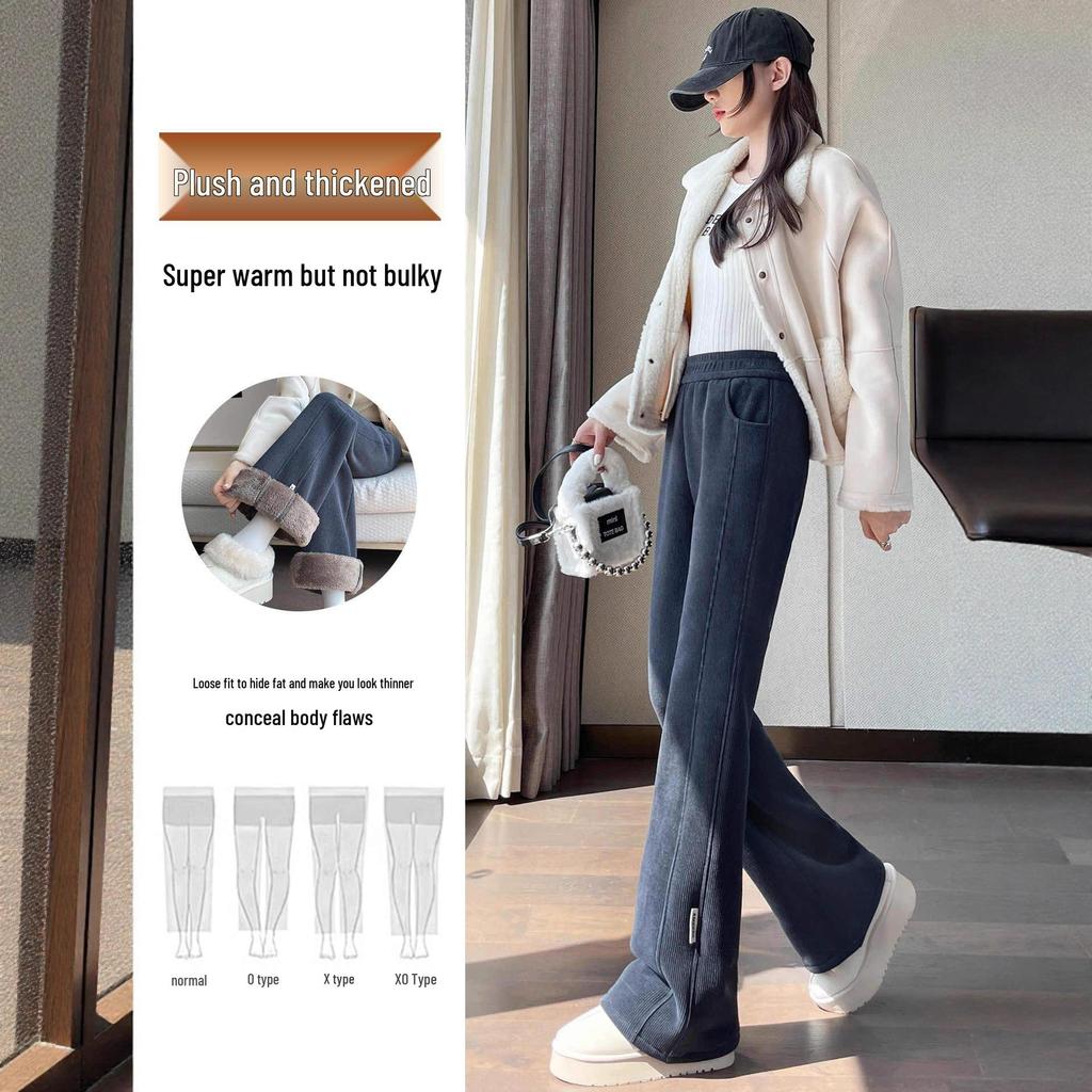 Chenille Fleece-Lined Bell Bottom Pants for Plus-Size Women - Autumn/Winter Lambswool Cotton Micro-Flare Warm Pants