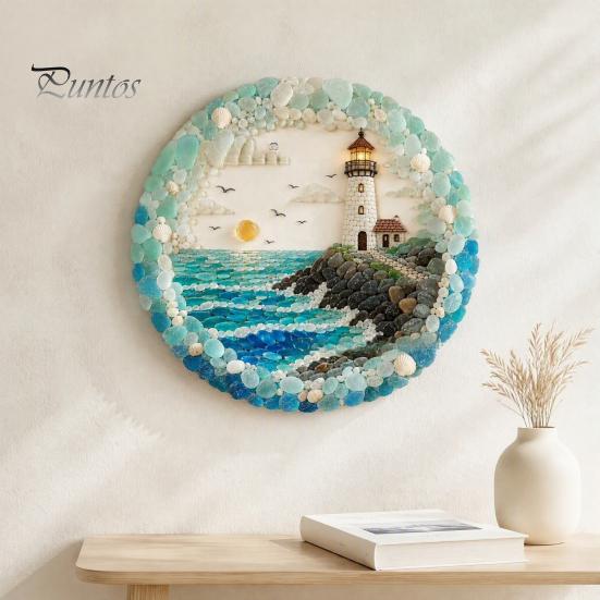 Beach House Decor Lighthouse Sea Glass Art Wall Ornament, Hand Assembled Shells And Tumbled Housewarming Gift for Decor, Style Decorative Hanging
