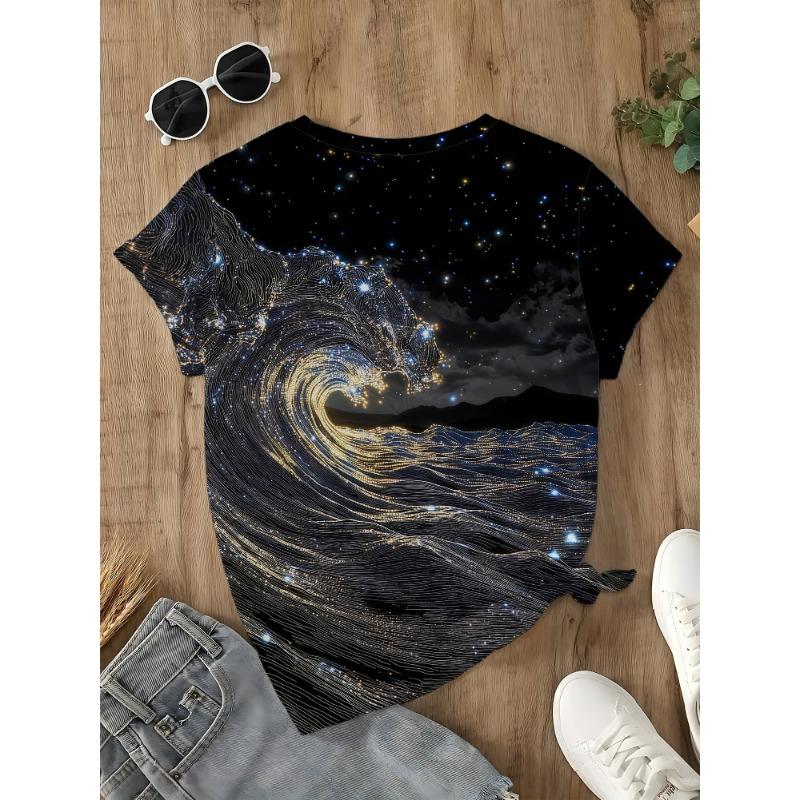 Dreamy Star River  Gilded Waves  Full Printed Short sleeved T-shirt with Golden Pattern Tension for Women s Waves S