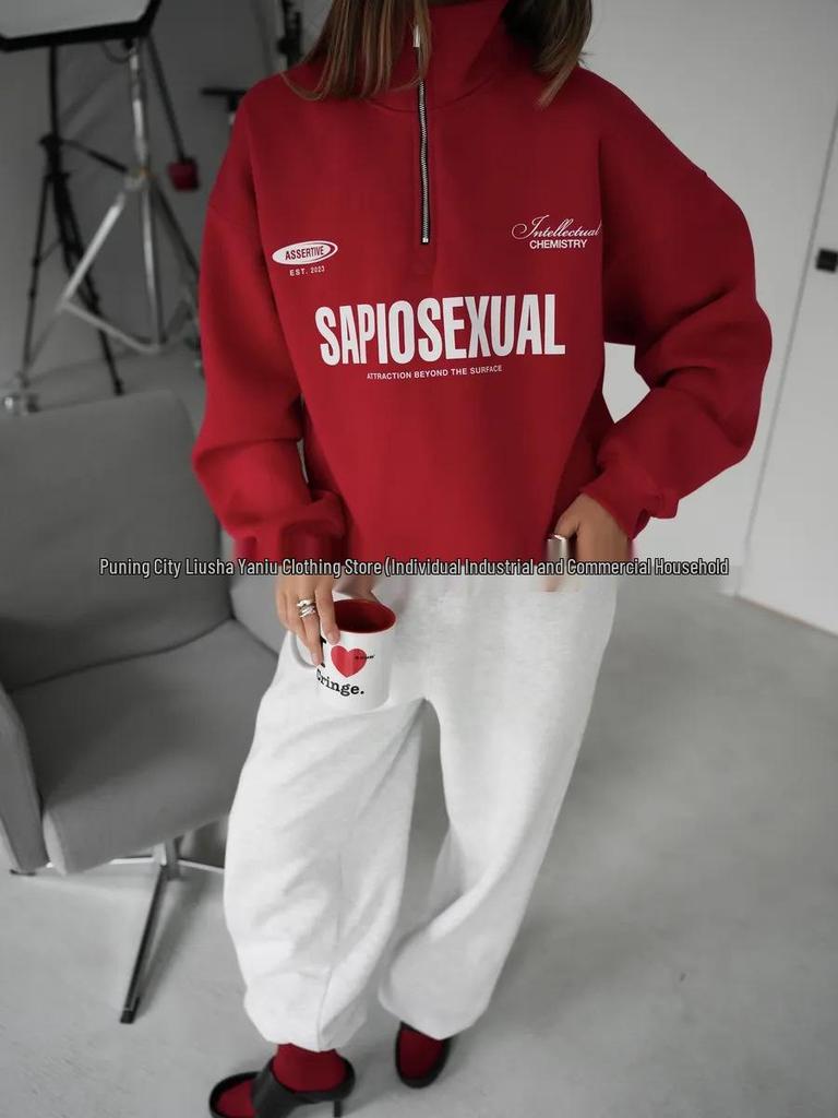 2025 Trendy Letter Print Zipper Lapel Hoodie for Women – Stylish & Casual Autumn/Winter Wear