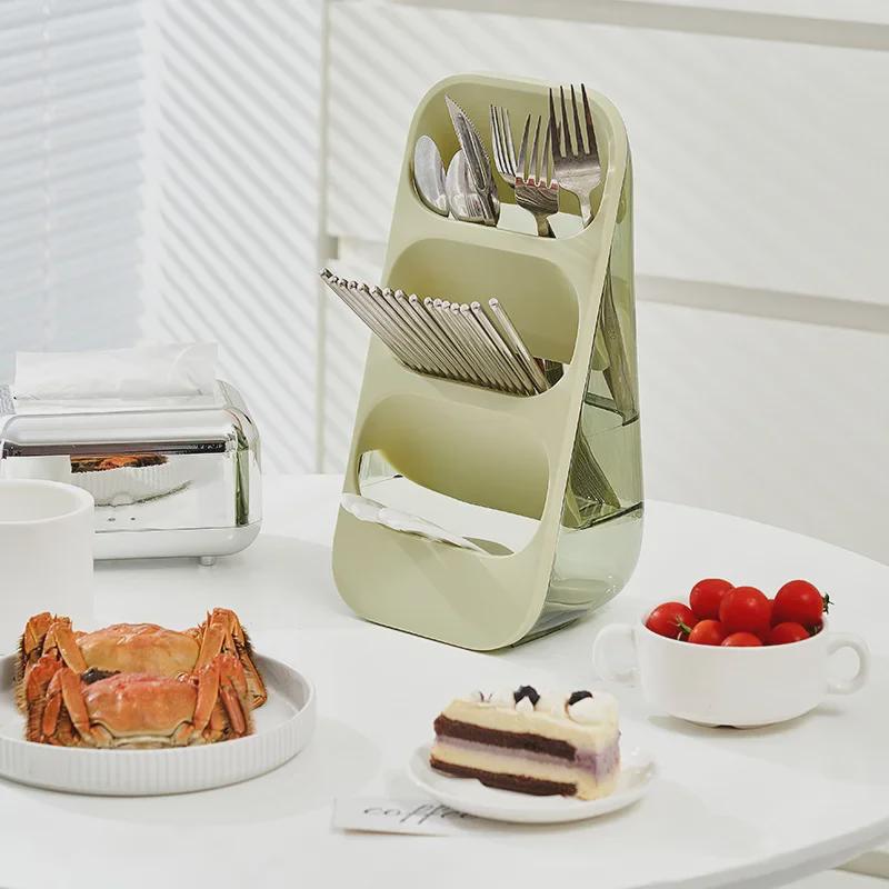 Multi-Layer Chopsticks & Spoon Holder: Dust-Proof, Three-Grid Storage for Kitchen & Cosmetics