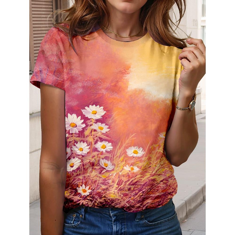 Tricou pentru femei, cu flori frumoase, imprimat 3D, tricou cu mânecă scurtă, topuri, imprimeuri 3D, cămașă cu gâtul în formă de O, îmbrăcăminte casual de vară pentru femei.