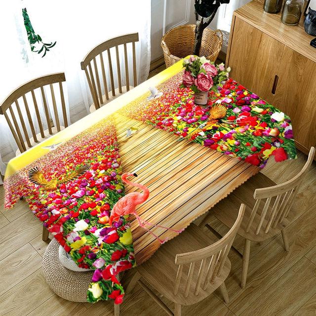 Față de masă colorată cu flori și flamingo, rezistentă la praf, din bumbac, dreptunghiulară, rotundă, pentru petrecere de picnic de nuntă
