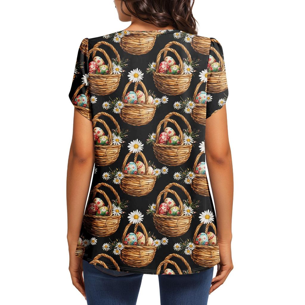 Women's Fashionable Round Neck Short Sleeve Printed Casual Basic Pleated Pullover T-shirt Top