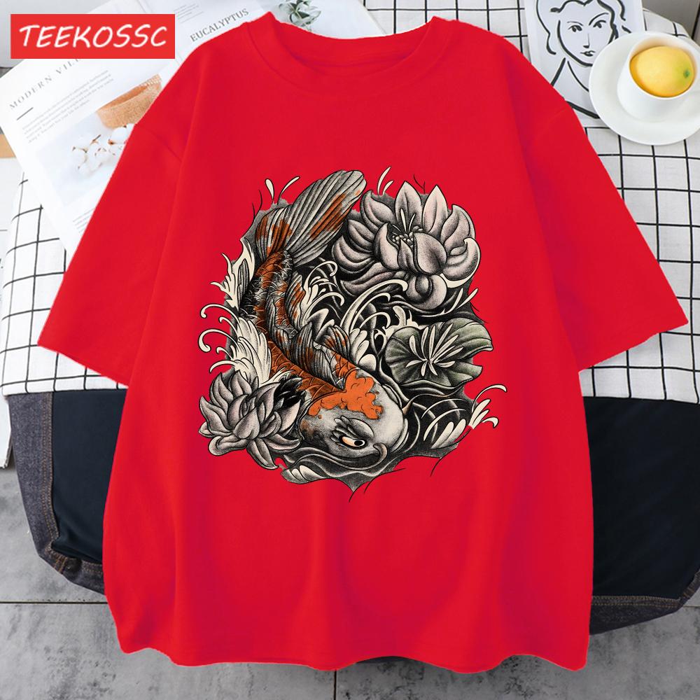 Japanese Harajuku Lotus Koi Print Men T Shirts AllMatch Cotton TShirt Casual Crewneck Loose Streetwear Man Summer Basics Top