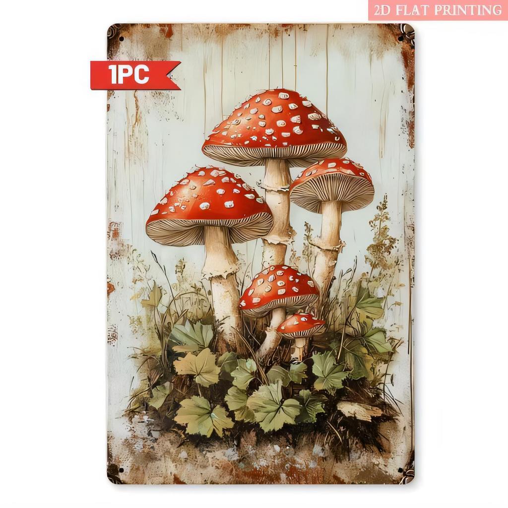 Tin Sign Mushroom Garden Vintage Wall Decor Printing Red Toadstool Fungi Artwork Metal Rustic Plaque for Home Bar Cafe Bedroom