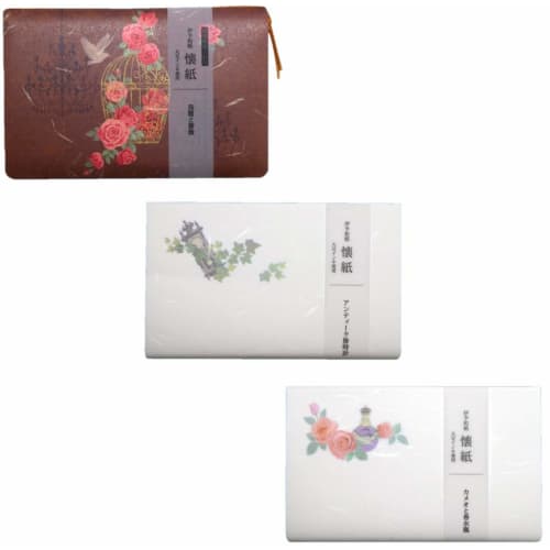 Kamiiso Japanese Washi Kaishi, BiMONDE Style, Set of 2 Kaishi (Birdcage and Rose, Antique Cameo and Perfume Bottle), 20 Sheets X 3