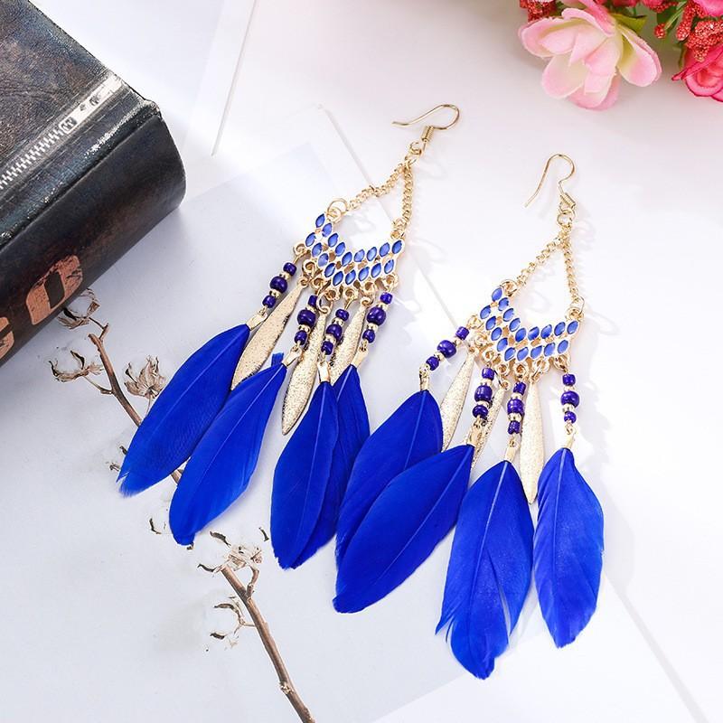 Vintage Bohemian Feather Tassel Earrings Exaggerated Ethnic Vacation Dangle Ear Jewelry Fashion Accessories For Women