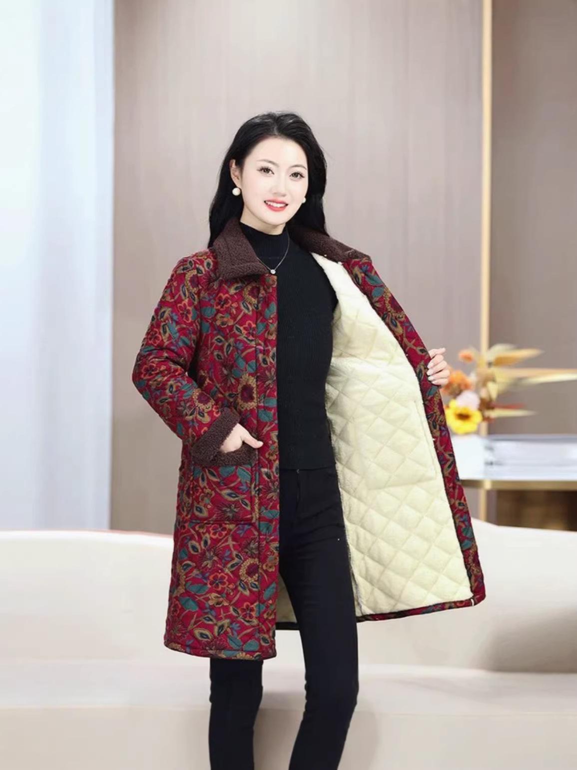 

Women s Autumn/Winter Cotton Jacket - Fleece-Lined, Patterned Short Coat for Middle-Aged and Elderly XL: 80-105 jin красный