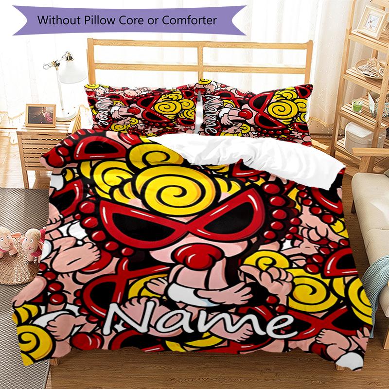 3pcs Custom Name Cartoon Hysterical Mini Bedding Set Duvet Cover Closure Includes 1 Duvet Cover & 2 Pillowcases for All Seasons Bedroom Decor