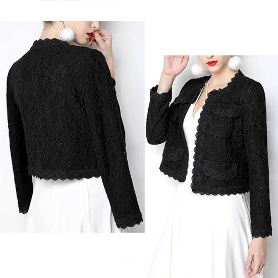 Módní dámský květinový krajkový úzký krátký kardiganový komplet s dlouhým rukávem a zapínáním vpředu