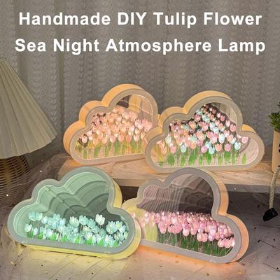 Handgemaakte DIY Tulp Bloem Zee Nacht Sfeer Lamp Wolken Tulp Lamp LED Nachtlampje Spiegel Tafellamp Slaapkamer Decor Verlichting Nieuw
