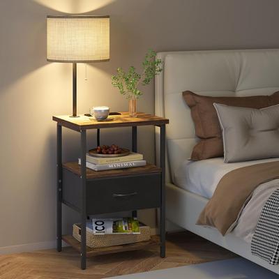 Tall Nightstand with LED Lights, 3 Color Temperatures, Charging Station, Adjustable Fabric Drawer – Bedroom End Table